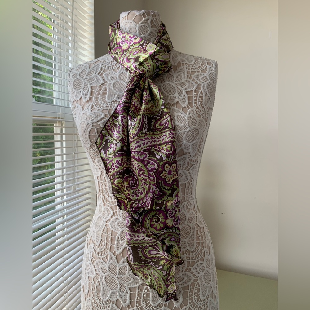 NWOT Kirks Folly Groovy Baby Elegant Paisley Satin Scarf Purple Green Brown Pink